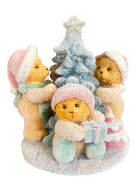 Flocked Vevet Teddy Bears Holiday Figurine Christmas Table Decor Ceramic Pastel
